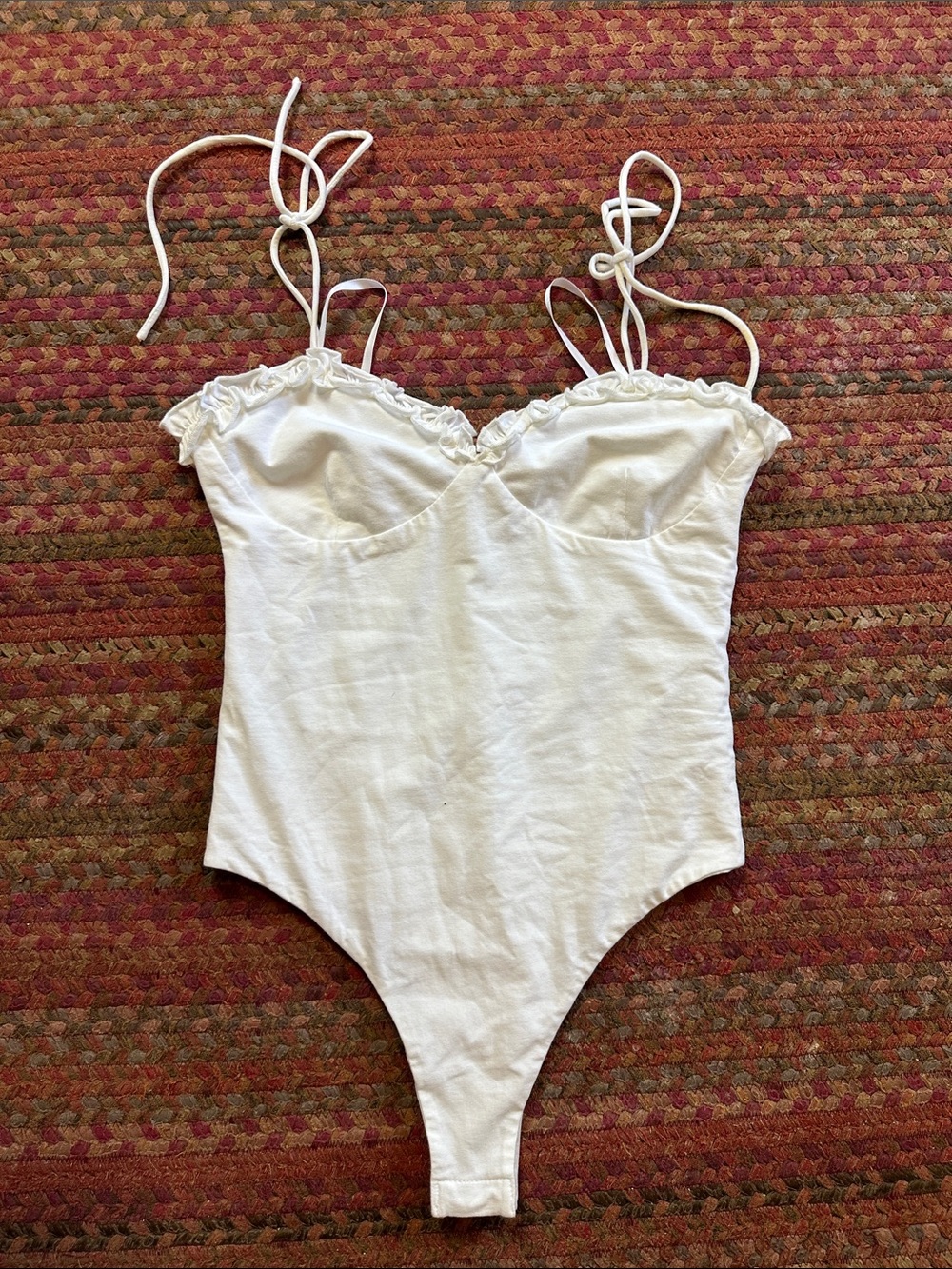 superdown White Ruffle Trim Tie-Strap thong Bodysuit
